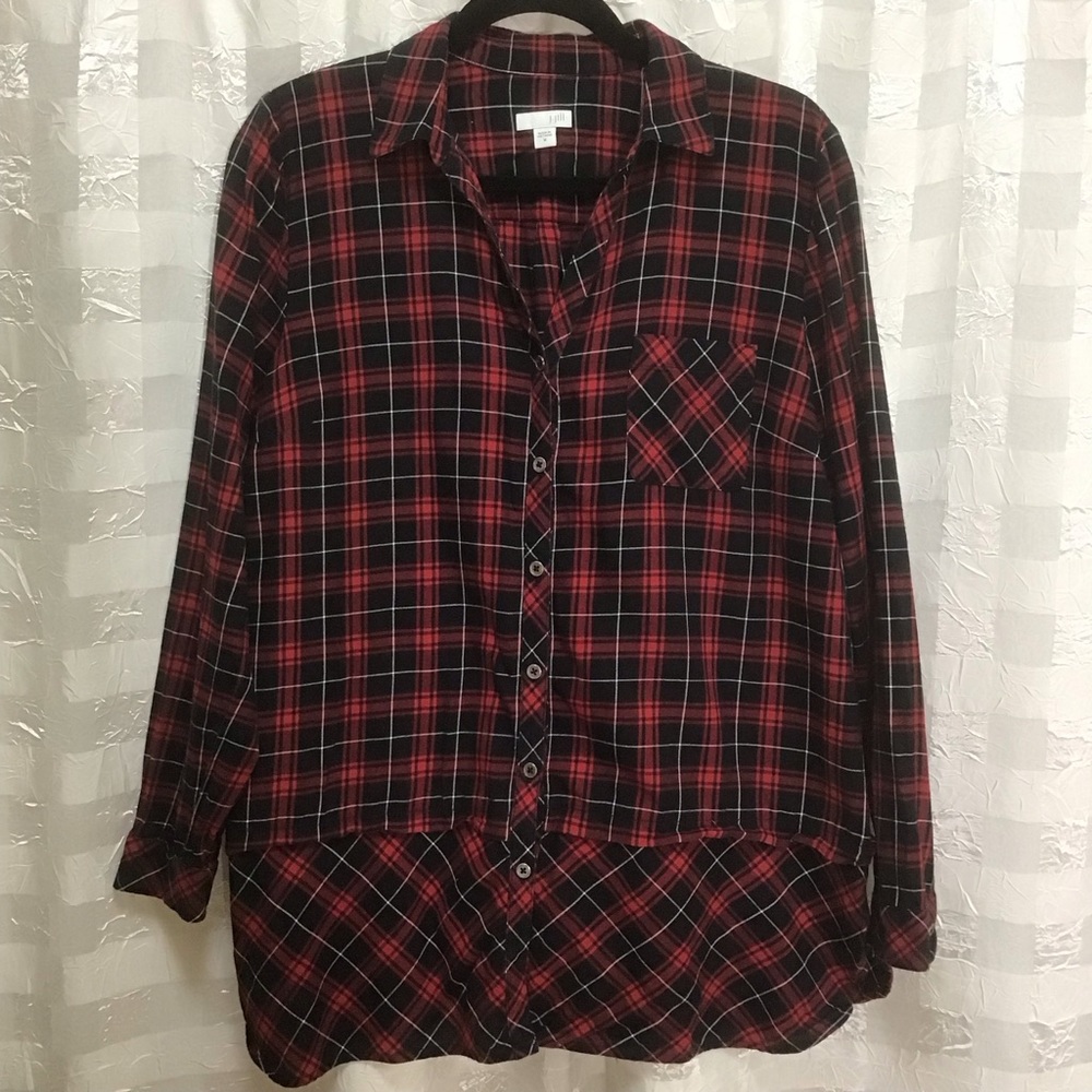 J Jill Long Sleeve Black Red White Plaid Button Front Tunic, Size M